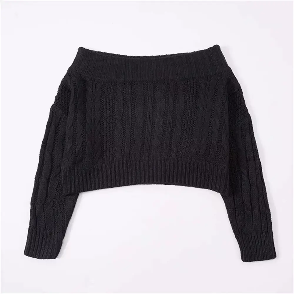 Осенний и зимний женский свитер, свитер без бретелек с вырезом, пуловер на одно плечо, Свитера с открытыми плечами - Color: Black