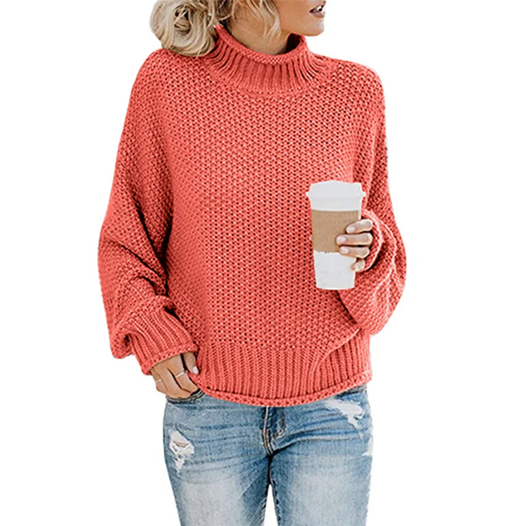 Женский свитер с открытыми плечами, повседневный вязаный Свободный пуловер с длинным рукавом, свитер с высоким воротником, однотонная верхняя одежда, свитера, свитер