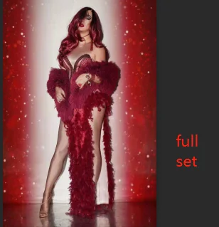 full set Новогоднее женское сексуальное платье с красными перьями, стрейчевое вечернее платье без рукавов, Рождественский костюм для сцены, платье для дня рождения, выпускного вечера - Цвет: full set