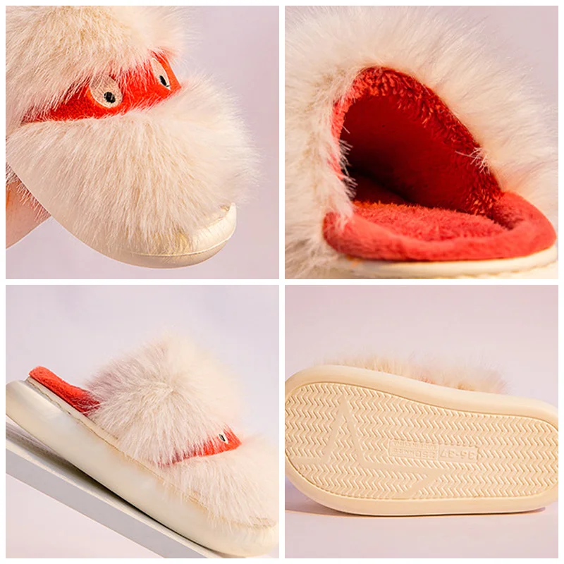 Women Fur Slippers Winter Warm Shoes For Women 3.5cm Heel Platform Shoes Cute Cartoon Plush Home Slippers Indoor Fluffy Slippers