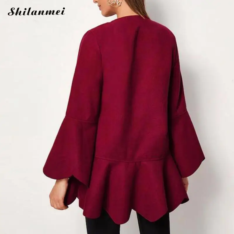 Shilanmei, рукав колокол, женские куртки, красные, женские, хлопок, с оборками, пальто, Сексуальный Кардиган, длинное пальто, мода, уличная одежда, Женское пальто