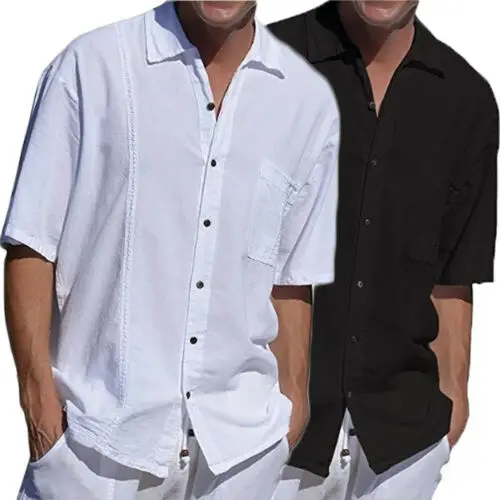 Mens Short Sleeve Linen Loose Shirt Casual Shirt Breathable Soft V Neck ...