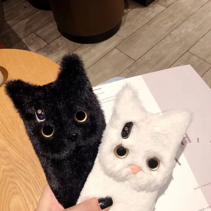 Tfshining Winter Plush Cute Cat Phone Case For Apple iphone X XS Max XR 8 7 6 6S Plus Soft Silicone TPU Full Hair Fur Case Coque (3)