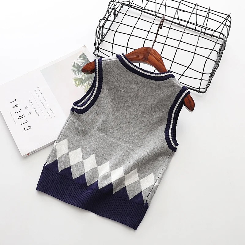 Baby Knitted Vest Sweater BOY'S Yarn Waistcoat Plaid Autumn Clothing CHILDREN'S Garment College Style V-neck Europe And America
