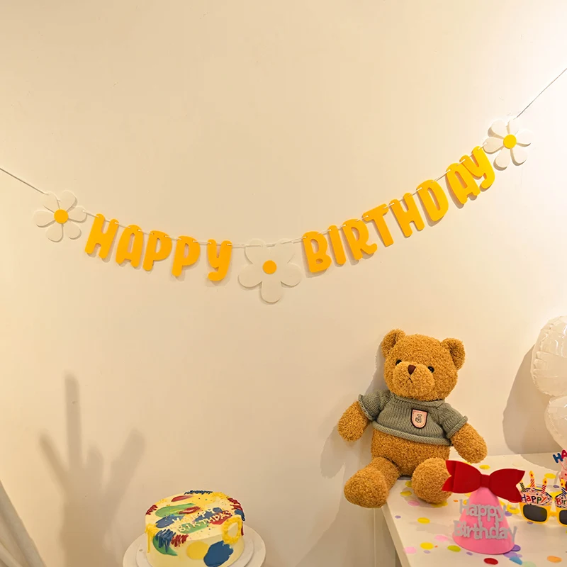 Baby Shower Non Woven Daisy Happy Birthday Banner White Flower Garland Yellow Flag party decorations birthday banner