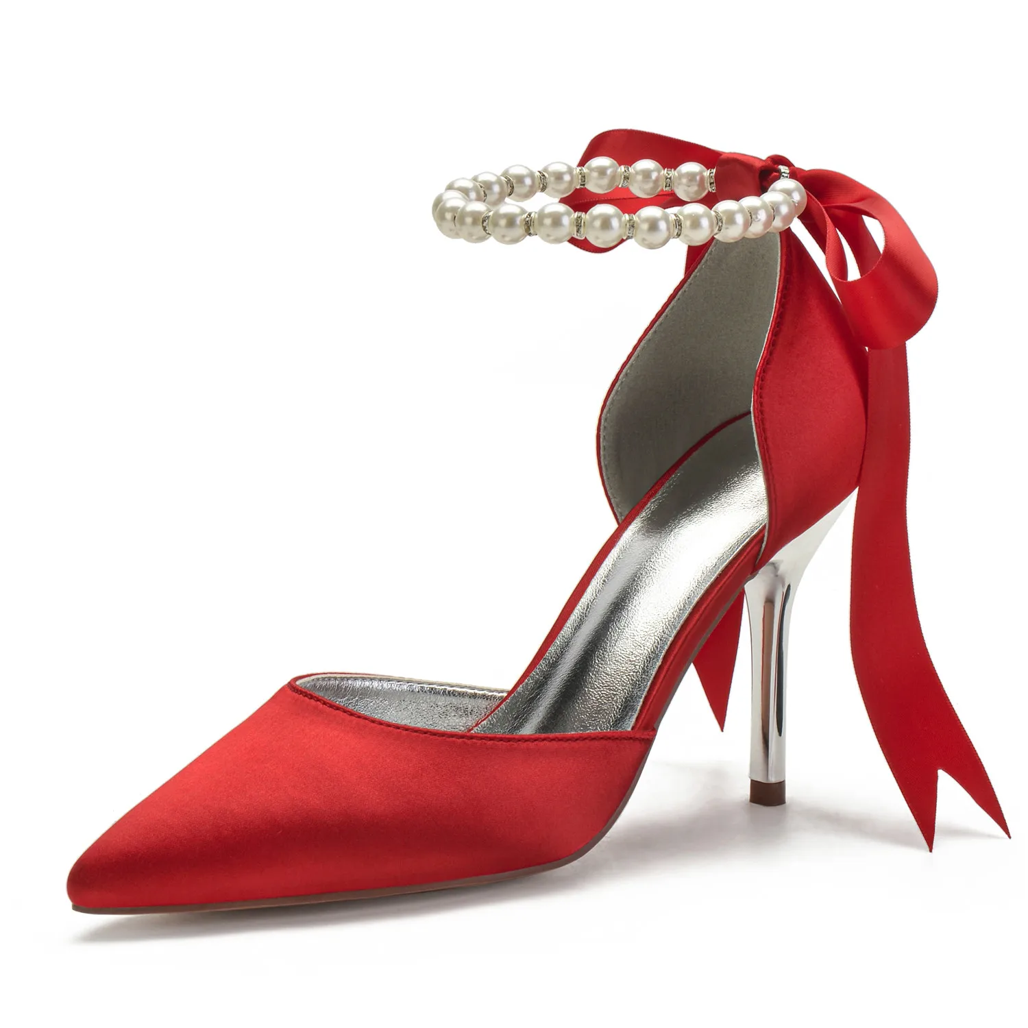

2022 Satin Pearls High Heels Wedding Shoes Women Pointed Toe Ribbon Tie Strap Formal Party Dress Pumps Heels