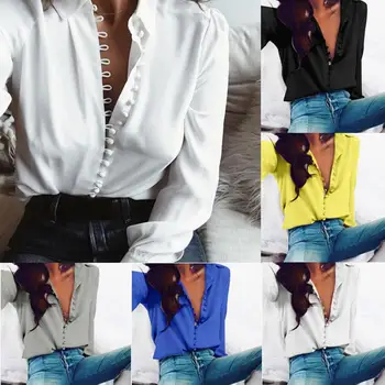 

Plus Size Women Blouses Office Lady Solid Color Turn Down Collar Blouse Single-breasted Shirt ladies Blouses Women Top Shirts
