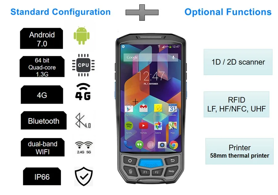 Leitor de qr Código de Barras Terminal com Impressora Code Wifi Bluetooth Gps Câmera Nfc Rugged Handheld Android Pos Térmica Pda 1d 2d 4g 3 barras 1D 2D 4G Wifi Bluetooth GPS