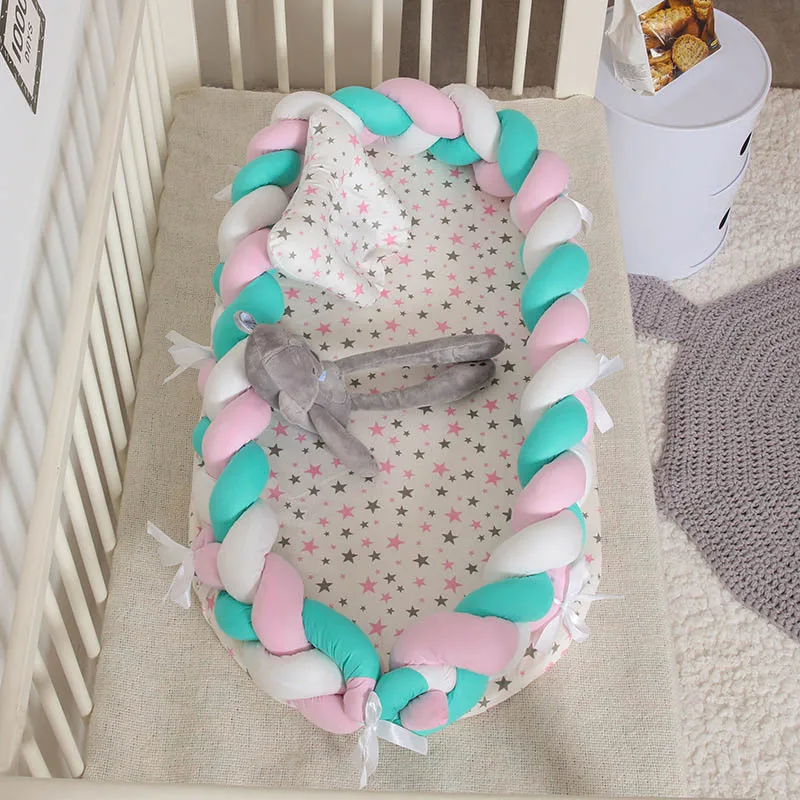 Portable Baby Knit Crib with Pillow Newborn Sleeping Nest Playen Bed Travel Bassinet Bumper Removable And Washable 0-24months