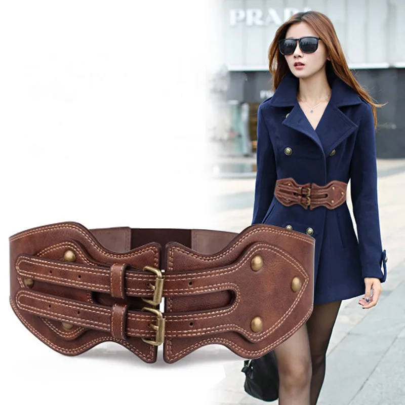

Sparsil Women Down Coat Wide Belts Pin Buckle Winter Autumn Dress Sweater Bundle Waist Skirt Waistband Elastic Velvet Strap Belt