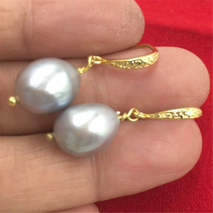 

10-12mm Huge gray baroque pearl earrings 18k gold hook TwoPin gorgeous elegant noble party earbob AAA classic fashion