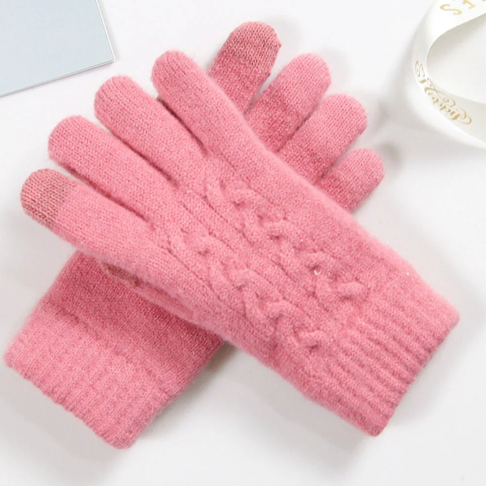Pink Вязаные мягкие повседневные теплые женские перчатки с сенсорным экраном, моющиеся, из искусственной шерсти, эластичные, на запястье, Двойная толщина, для взрослых, Осень-зима - Цвет: Pink