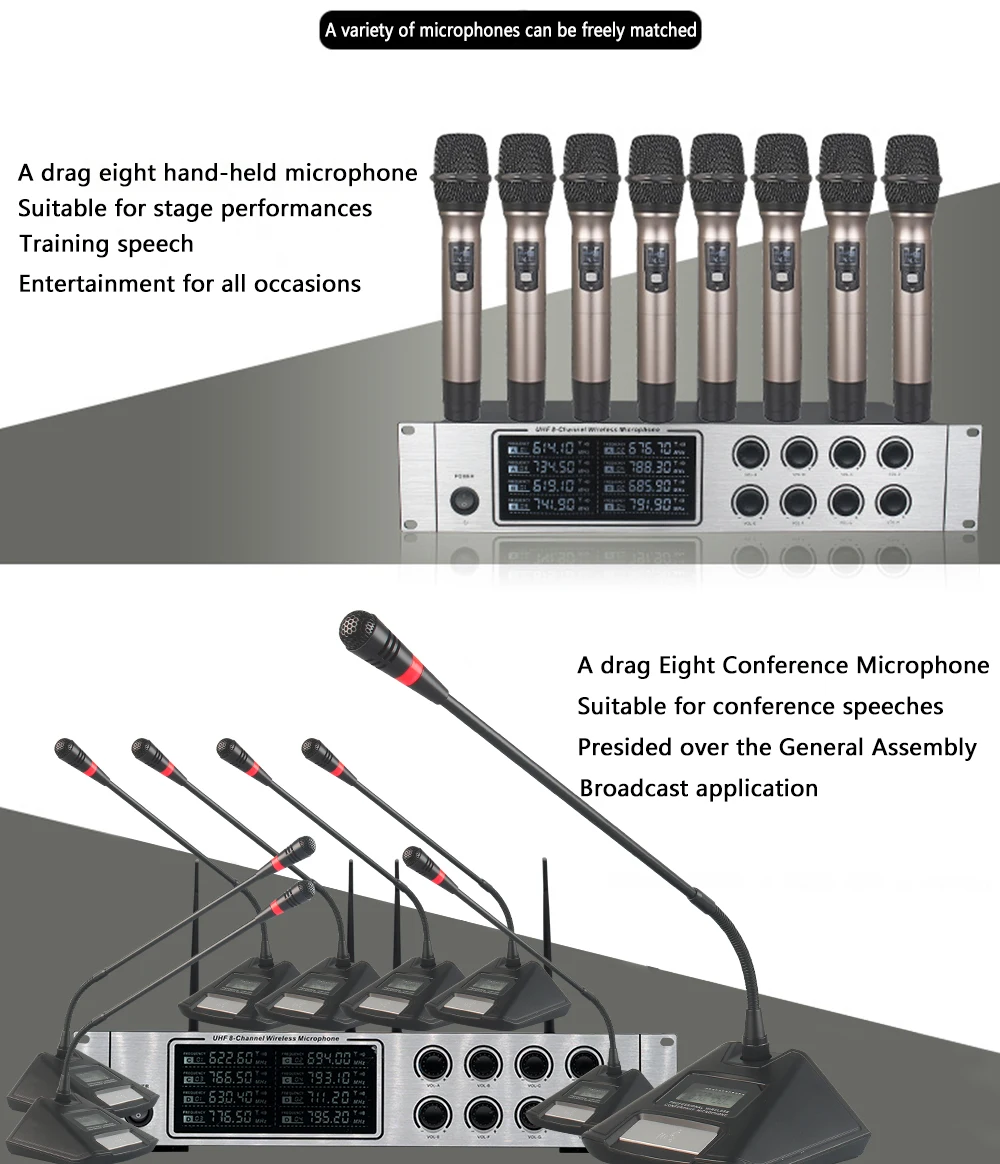 Беспроводной микрофонная система Профессиональный UHF каналов Динамический микрофон 8-канальный Караоке ручной микрофон