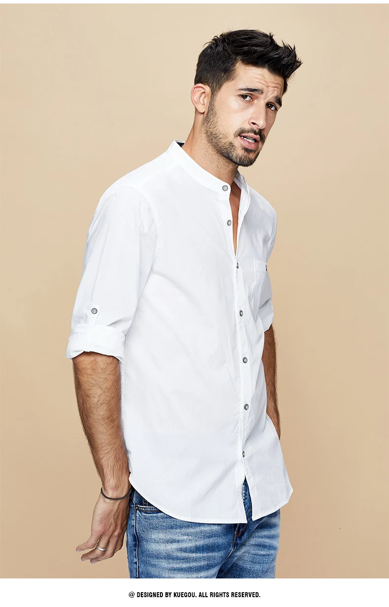 KUEGOU осень хлопок простая белая рубашка Мужская одежда Повседневная приталенная уличная одежда для блузки для мужчин Модная брендовая одежда 02639
