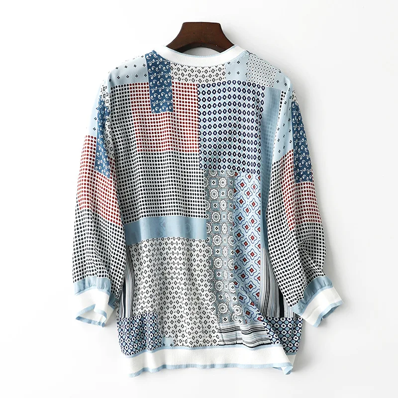 

2020 Hot sale Summer and fall New Women's Blue Casual Top Simple Silk Cardigan Printing with Contrast Color Silk Shirt coat