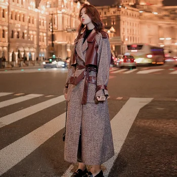 

Winter Coat Women Korean Splice Leather Long Woolen Trench Jacket Female Fashion Elegant Plus Size Belt Overcoat Windbreaker