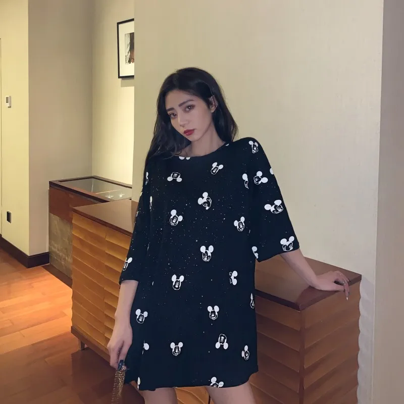 

Women Autumn Summer Plus Size Dress Streetwear Casual Loose Minnie Cartoon Sequin Party Club Mini Dresses Black White