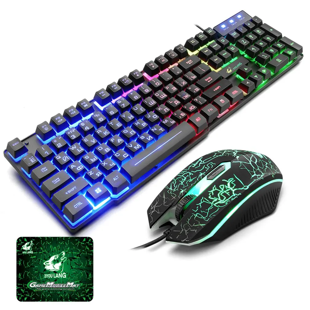 

Russian+English Keyboard Wired Gaming Mouse And Keyboard Set Rainbow Backlit Gamger Computer Keyboard RU+EN Keyboards Combo