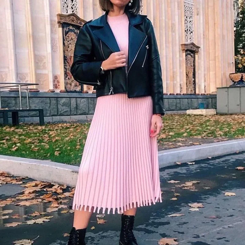 Vestido de punto plisado acanalado para mujer, suelto, de moda, con retazos, manga larga, cintura alta, de punto, vestido maxi femenino de otoño, nuevo