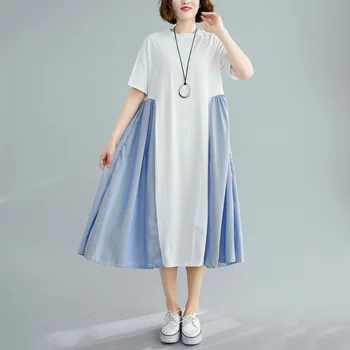 

Johnature Korean New Striped Patchwork Loose Dresses Women 2020 Spring Summer Casual O-neck Short Sleeve 2 Colors Dress