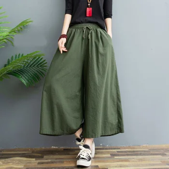 

Spring Summer Wide Leg Pants Casual Cotton Linen Wide Leg Solid Elastic Waist Candy Colors Loose Calf Length Trousers