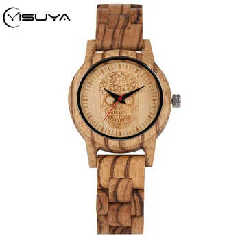 

YISUYA Engraving Punk Skull Display Wooden Watch Retro Zebra Wood Watchband Ladies Wood Casual Fashion Female Quartz Wristwatch