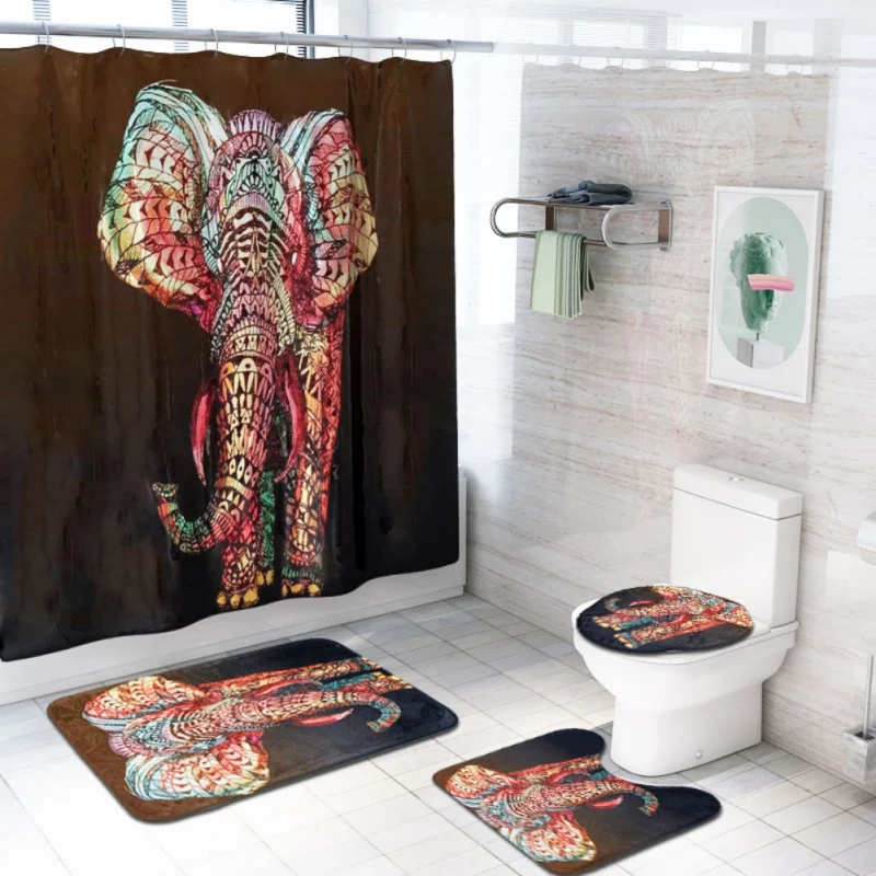 

4Pcs/Set Animal Themed Print Bathroom Accessories Set Non-Slip Flannel Shower Bath Rug Mats With Hanging Hooks