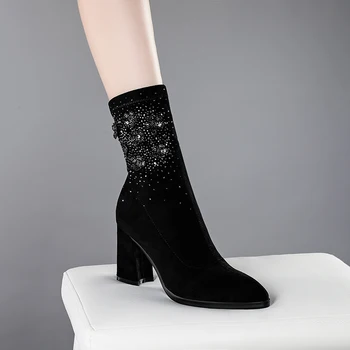

Band Design crystal Decoration Ladies Boots stretch fabric high Heels women Pumps Winter Party Working Shoes Woman
