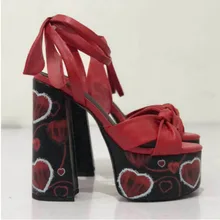 

New Love Heart Sandals Women Summer Thick Heels Platform Shoes Ladies Open Toe Lace-Up High Heels Party Shoes Sapato Feminino