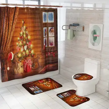 

4pcs Christmas Snowman Print Bathroom Combination Set Shower Curtain+Bath Mat+Lid Toilet Cover+Toilet Pedestal Rug