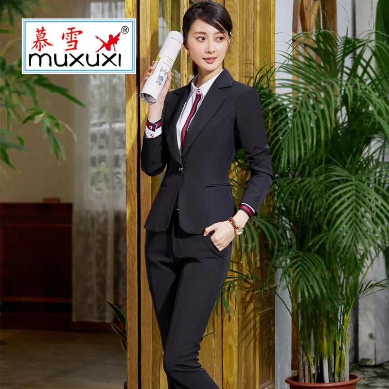 

Autumn New Products Black And White with Pattern Long-sleeved Coat Suit Women's Slim Fit-Style Business Suit White Collar Work C