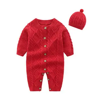 

0-18M Kids Baby Boys Girls Clothes Warm Infant Romper Knit Solid Single Breasted Jumpsuit+Hats 2pcs Set Winter Sweater Outfit