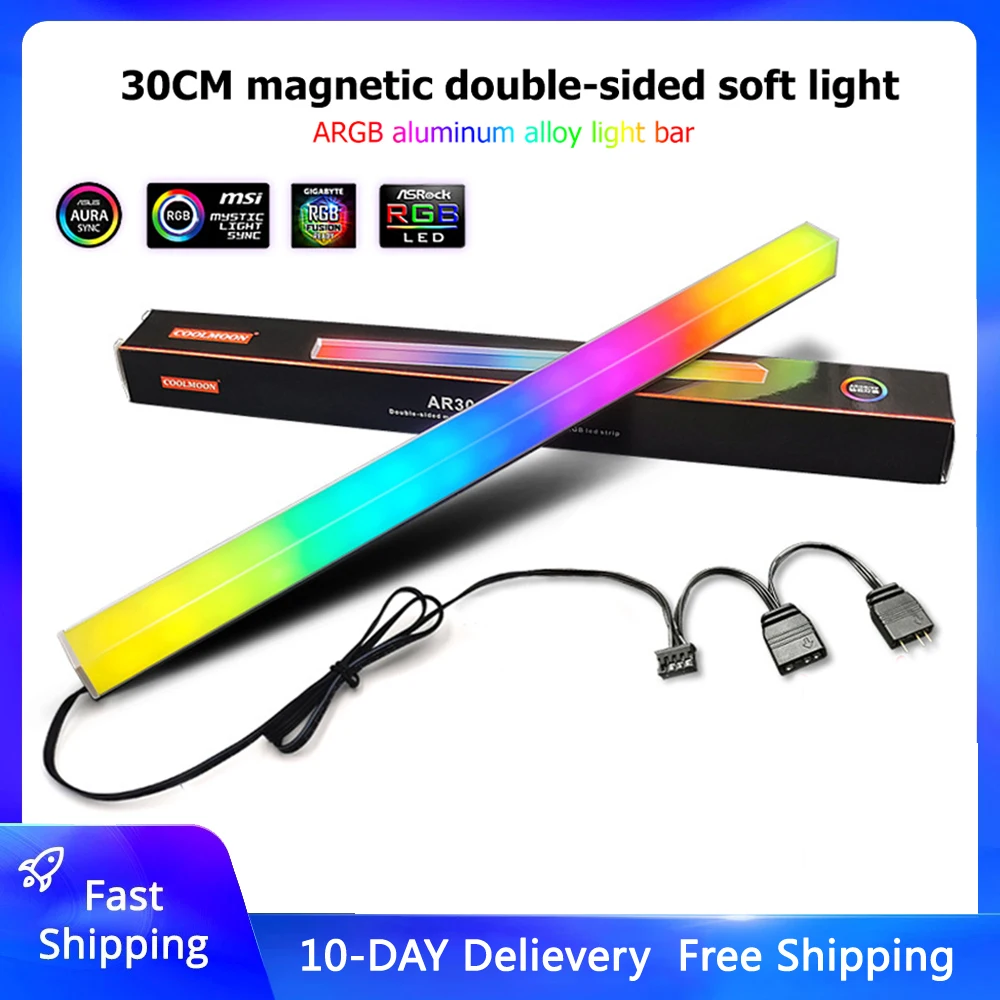 RGB 알루미늄 합금 30cm PC 케이스 LED 스트립 마그네틱 컴퓨터 라이트 바, 5V/3 핀 소형 4 핀 ARGB 마더 보드 라이트 스트립