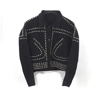 

Jean Jacket Women Denim Jacket Jeans Woman Beaded Blue Black Punk