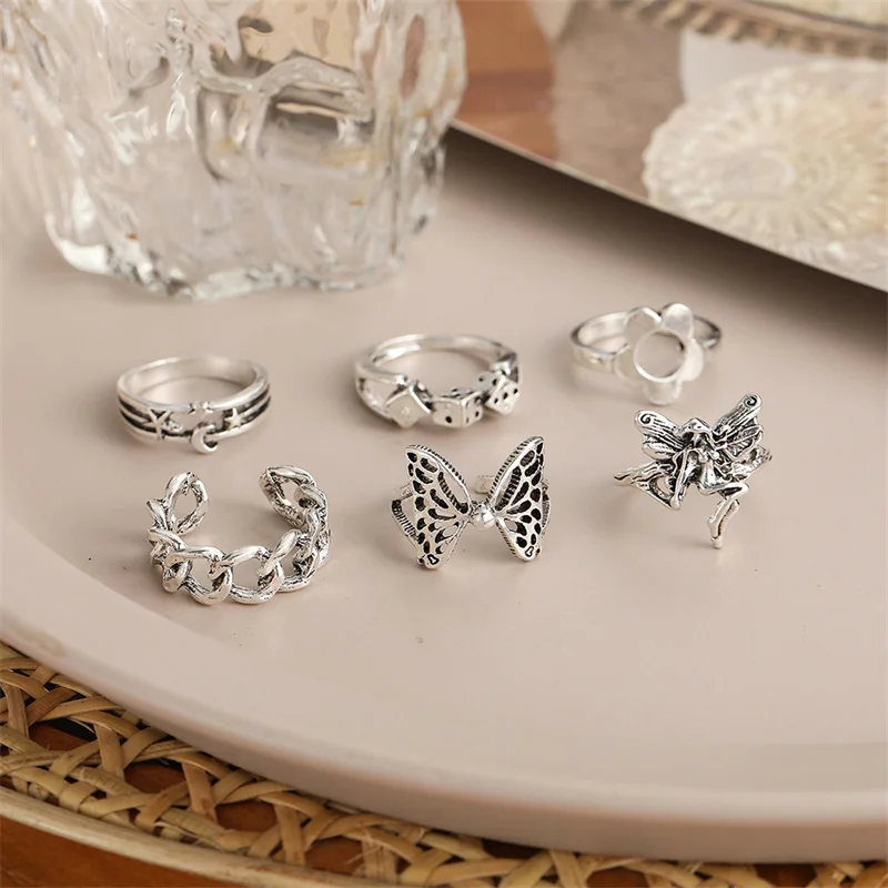 Punk Snake Gothic Silver Color Finger Ring Set 6PCS For Women  Heart Butterfly Wing Angel Wings Cupid Charms Rings Jewelry