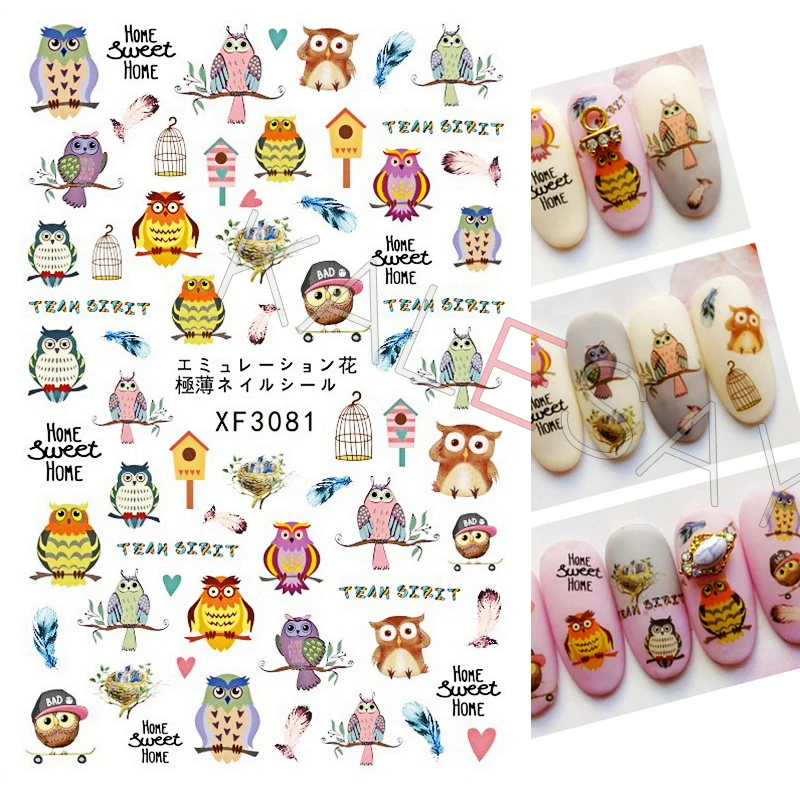 

Popular Cute Owl Nail Stickers for Nails Art Decoration Design Manicure 3D Back Glue Nail Decals Wraps Foil Stickers Birds