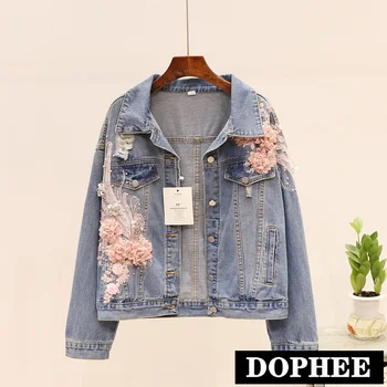 

2019 autumn new fashion heavy three-dimensional beaded embroidered loose hole denim short coat