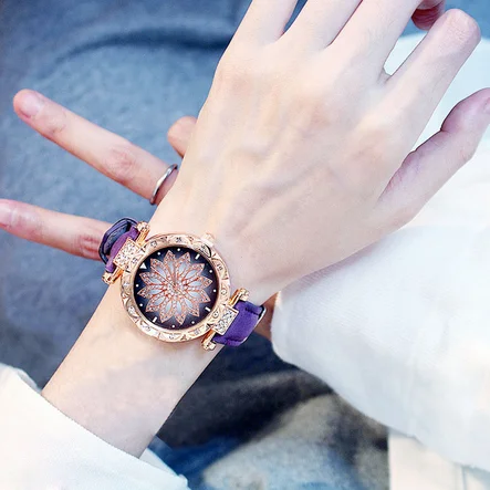 Женские часы, набор, звездное небо, женские часы-браслет, повседневные, кожаные, спортивные, кварцевые, наручные часы, Relogio Feminino - Цвет: Purple Not Box