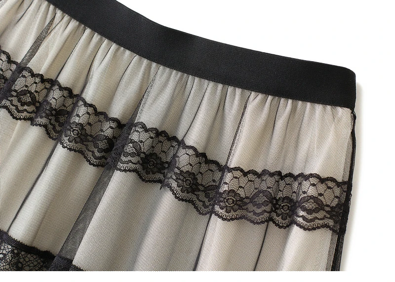 TIGENA אופנה תחרה טול ארוך חצאית נשים 2021 אביב קיץ אלגנטי קו גבוהה מותניים אמצע אורך רשת חצאית נקבה גבירותיי