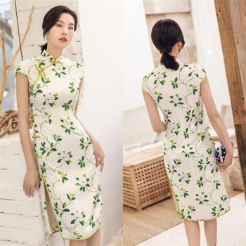 

2019 Traditional chinese clothing flora print Womens silk qipao dress modified summer modern cheongsam dress plus size S-XXXL