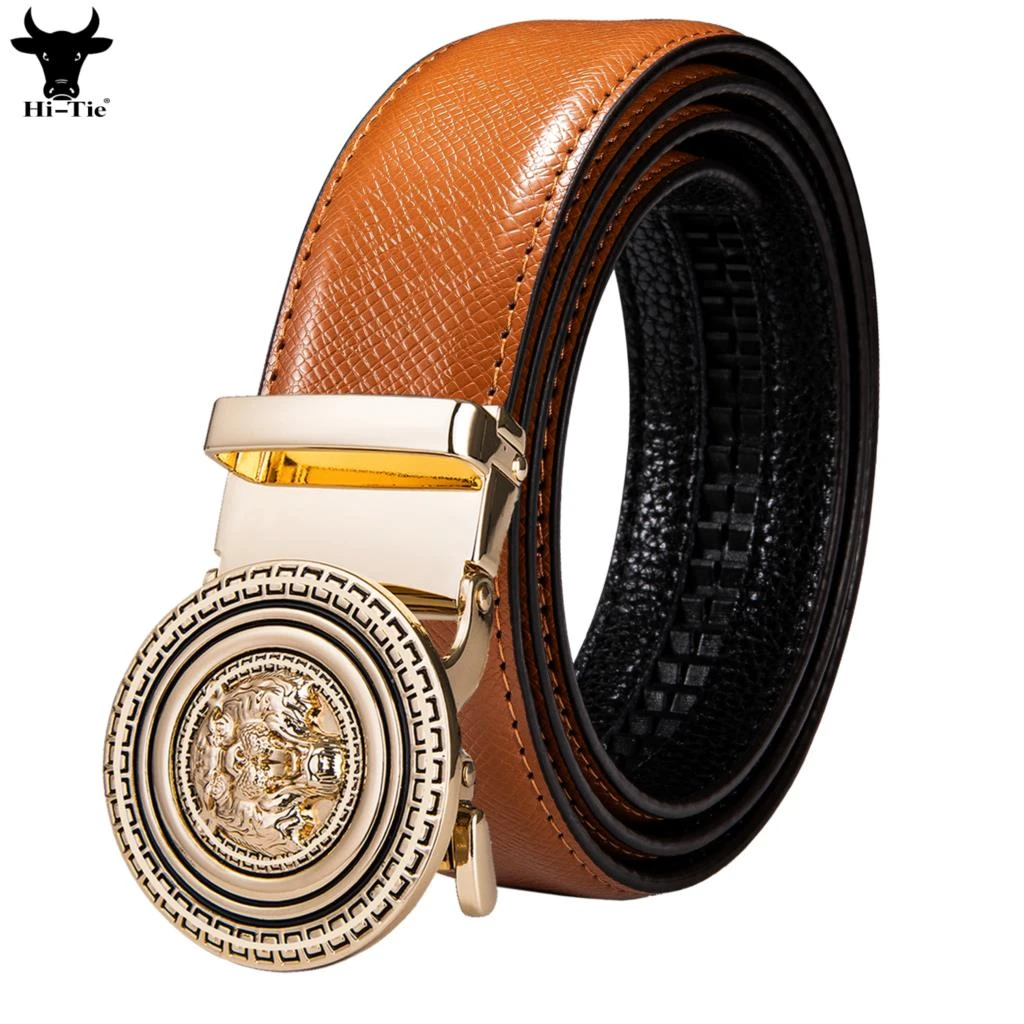 Cinturones de lujo para hombre, hebillas automáticas de Tigre, águila y León, cuero auténtico, naranja, vestido, vaqueros, informal para fiesta de boda|Cinturones de hombre| - AliExpress