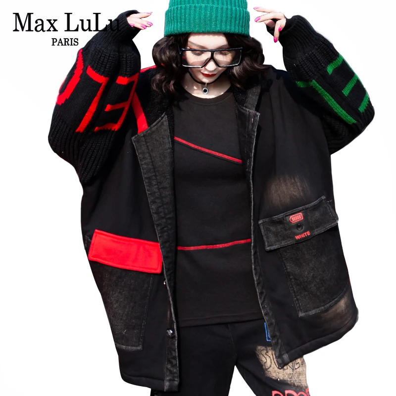 Max LuLu корейская мода теплая одежда Дамы Винтаж печатных джинсовые зимние куртки женские меховые шубы с капюшоном размера плюс ветровка