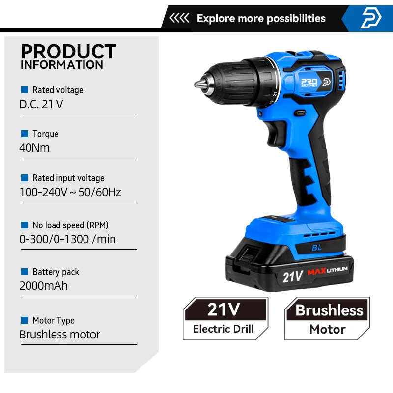 20V/21V Brushless Electric Drill 40NM/45NM Cordless Screwdriver Li-ion Battery Mini Electric Power Drill 5pcs Bit By PROSTORMER