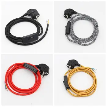 

250V AC EU Power Cord With Grounded Plug Vintage Textile Braided Covered Power Cord with Switch 2 Meters Cable