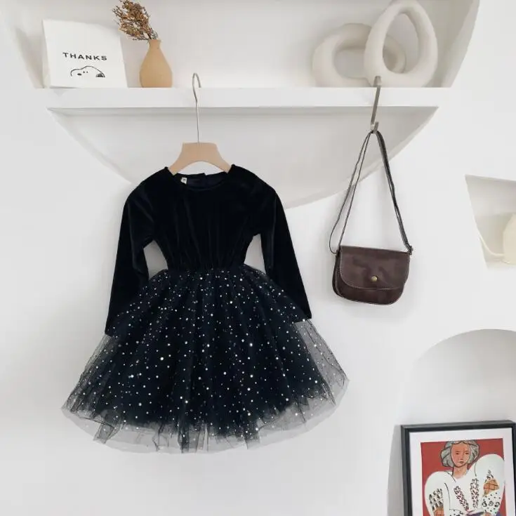 Платье в стиле пэчворк в Корейском стиле для девочек модные осенние бархатные сетчатые платья для девочек 1-7 лет, HW280