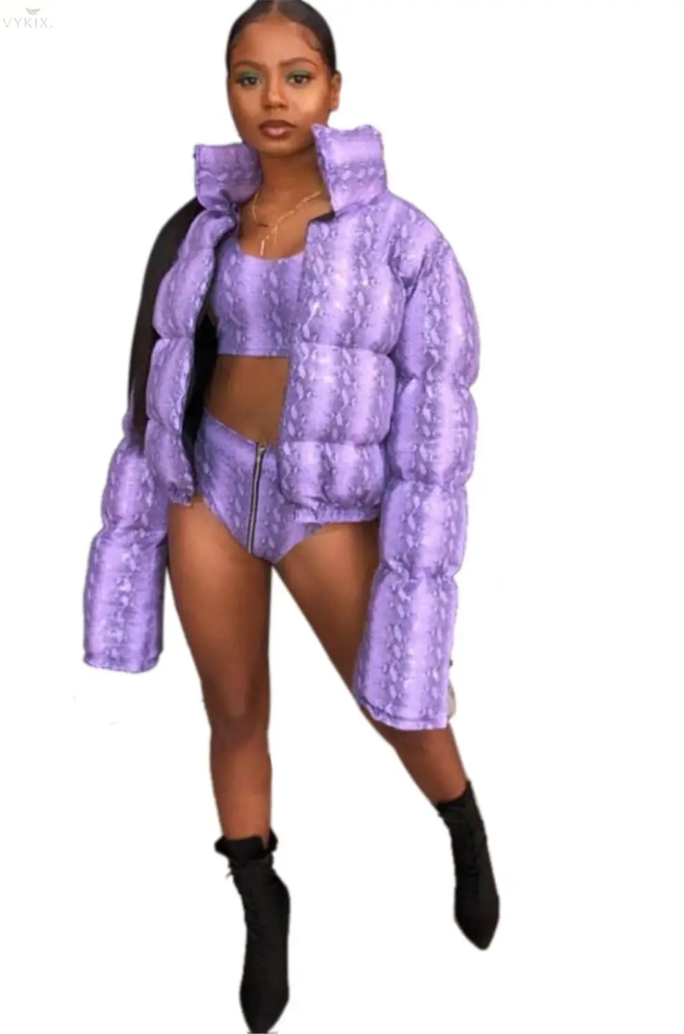 Vykix Snake Print Winter Jackets Womens Clothing Puffer Jacket Casual Crop Bubble Coats Turtleneck 