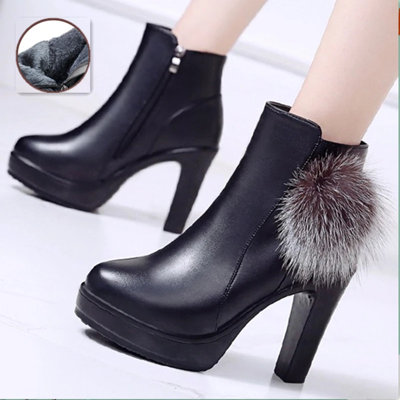 

Winter Ankle Knight Boot Fur PU Leather Wedges Rubber Plush Thin Heel Platform Women Zipper Punk Black Ladies Shoes Botas Mujer