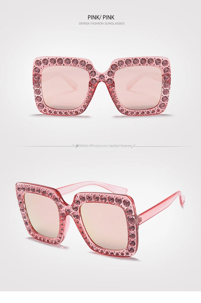 DENISA негабаритные квадратные Стразы солнцезащитные очки Для женщин Новая мода розовых оттенков для Для женщин большие солнцезащитные очки UV400 вогнуто-Выпуклое стекло, G5702