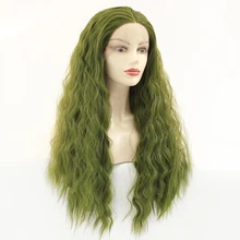 Модные Glueless длинные травы Зеленый Вьющиеся Волнистые кружева спереди парик термостойкие синтетические парики для женщин средний пробор 26 дюймов