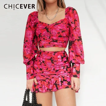 

CHICEVER Print Two Piece Set For Women Square Collar Lantern Long Sleeve Top High Waist Ruched Ruffles Skirt Female 2020 New